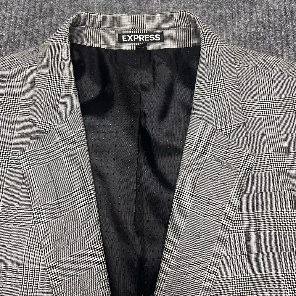 Express Producer Modern Fit Jacket Blazer Mens 44 Regular Slim Plaid Check Grey - Picture 3 of 12